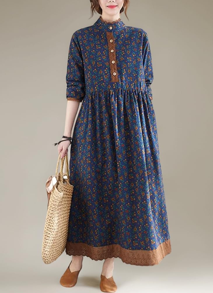 HOUSE OF LOTUS　麻　ブルーロングワンピース　M Amazon.co.jp: [Bestmood]ロングワンピース 長袖 レディース 花